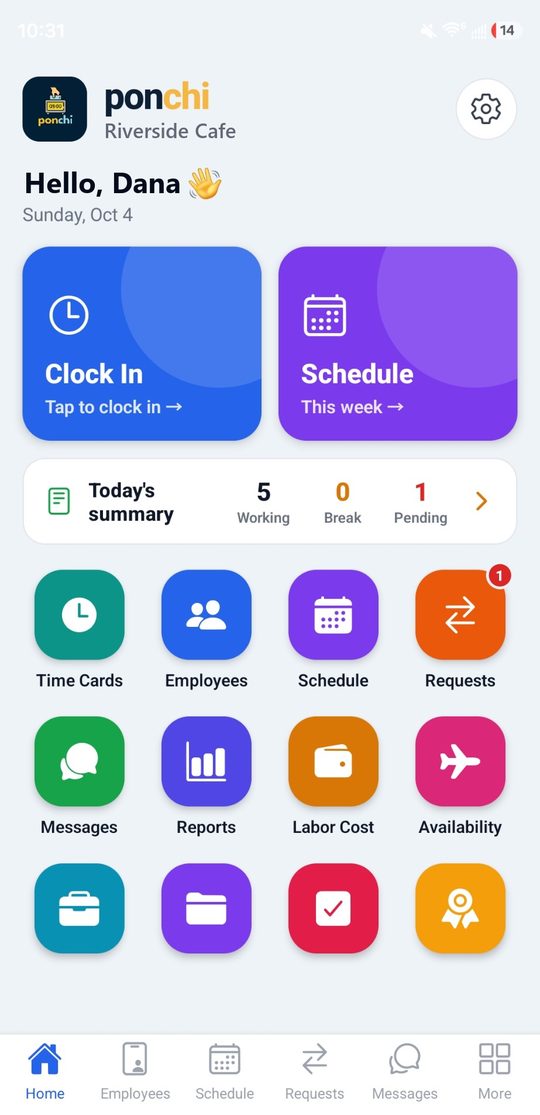 The Ponchi home screen on a phone: clock in, the schedule, today’s summary and every tool one tap away